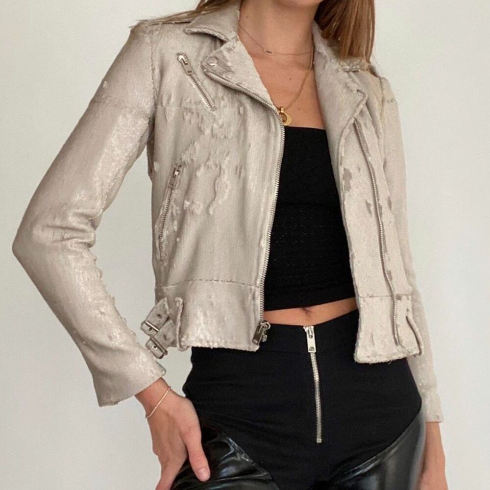 IRO Hilana Sequin Moto Biker Jacket Silver Metallic FR 38 Small EUC